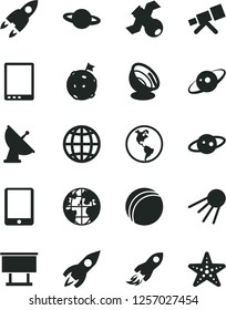 Solid Black Vector Icon Set - bath ball vector, earth, artificial satellite, planet, billboard, rocket, space, tablet pc, telescope, antenna, saturn, flag on moon, starfish