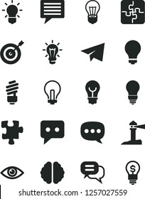 Solid Black Vector Icon Set - image of thought vector, matte light bulb, incandescent lamp, paper airplane, Puzzle, Puzzles, saving, eye, coastal lighthouse, think, speech, brain, target, dialog