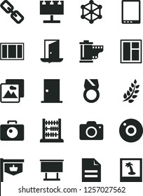 Solid Black Vector Icon Set - camera vector, scribbled paper, spectacles, roll, abacus, window, frame, ntrance door, picture, vintage sign, billboard with illumination, tablet pc, 3d cube, gold ring