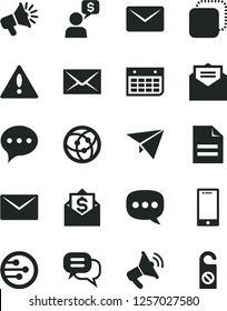 Solid Black Vector Icon Set - warning vector, envelope, scribbled paper, received letter, speech, smartphone, copy, loudspeaker, wall calendar, network, mail, dialog, plane, money, do not distrub