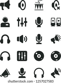 Solid Black Vector Icon Set - desktop microphone vector, horn, loudspeaker, silent mode, drumroll, headphones, regulator, volume, operator, megaphone, cd, pc speaker, settings