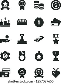 Solid Black Vector Icon Set - brick vector, cards, pedestal, coins, catch a coin, winner podium, award, star medal, first place, with pennant, ribbon, hero, gold ring, bar, dollar, gear, credit card