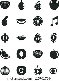 Solid Black Vector Icon Set - music vector, slices of onion, orange slice, half apricot, pomegranate, medlar, mango, peach, tangerine, loquat, cherry, passion fruit, kiwi, sour lime, guawa, tomato