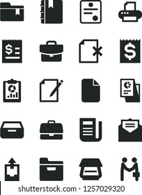 Solid Black Vector Icon Set - upload archive data vector, folder bookmark, received letter, notebook, suitcase, drawer, notes, delete page, briefcase, statistical overview, article on the dollar