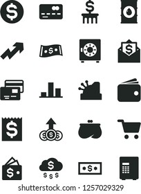 Solid Black Vector Icon Set - growth up vector, strongbox, cards, oil, shopping cart, front of the bank card, chart, dollar, financial item, wallet, purse, cashbox, money rain, column, mail, safe