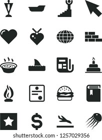 Solid Black Vector Icon Set - book vector, bath, birthday cake, brick wall, heart, burger, porridge in a saucepan, globe, denomination of the dollar, morning paper, cursor, flame, patente, pennant