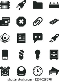 Solid Black Vector Icon Set - clip vector, mark of injury, alarm clock, bedside table, baby bib, saving light bulb, building block, cards, weaving, space rocket, article on the dollar, wall watch