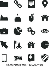 Solid Black Vector Icon Set - house vector, spectacles, pie chart, archive, accessories for a hairstyle, potty chair, home, eye, smartphone, birthday cake, location, portfolio, charts, mouse, folder