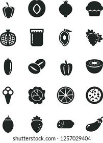 Solid Black Vector Icon Set - sausage vector, pizza, cake, coffee beans, cone, jam, half pomegranate, branch of grape, squash, plum, raspberry, medlar, mango, date fruit, kiwi, tamarillo, ripe
