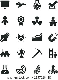 Solid Black Vector Icon Set - flask vector, nuclear, biohazard, magnet, radar, medal, robot, lunar rover, presentation board, ink pen, laurel branch, star cup, arrow graph, man with ladder, mine axe