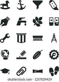 Solid Black Vector Icon Set - clip vector, small rocking horse, construction level, drawing, star gear, knife, faucet mixer, anchor, cucumber, Measuring compasses, filter, radiator fan, pc speaker