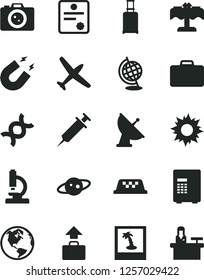 Solid Black Vector Icon Set - microscope vector, dna, globe, magnet, satellite antenna, saturn, syringe, patente, earth, plane, taxi, suitcase, rolling, baggage, sun, restaurant, camera, photo, safe