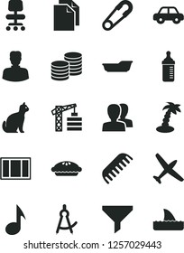 Solid Black Vector Icon Set - clean paper vector, women, measuring bottle for feeding, safety pin, bath, comb, motor vehicle, tower crane, window frame, coins, pie, filter, woman, note, chair, plane