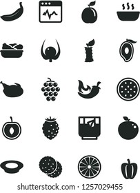 Solid Black Vector Icon Set - cardiogram vector, hot porridge, lettuce in a plate, of milk, chicken, chili, glass tea, biscuit, large grape, tasty raspberry, half mango, cherry, banana, orange, stub