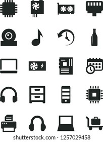 Solid Black Vector Icon Set - nightstand vector, Glass bottle, notebook pc, power supply, tower, motherboard, cpu, gpu card, web camera, printer, headphones, lan connector, note, history, baggage