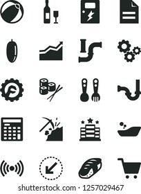 Solid Black Vector Icon Set - scribbled paper vector, baby bath ball, children's bathroom, plastic fork spoons, sewerage, star gear, dangers, left bottom arrow, sushi set, date fruit, coal mining