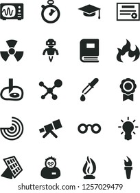 Solid Black Vector Icon Set - telescope vector, molecule, glasses, nuclear, bulb, book, pipette, oscilloscope, flame, scientist, graduate hat, artifical insimination, radar, medal, robot, sun panel