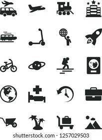 Solid Black Vector Icon Set - briefcase vector, baby toy train, child Kick scooter, building trolley, history, saturn, man hold world, rocket, earth, plane, bike, backpacker, passport, palm tree