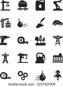 Solid Black Vector Icon Set - crane vector, tower, big core, trowel, cordless drill, measuring tape, long meashuring, commercial seaport, gas station, hydroelectricity, power line, pole, three gears