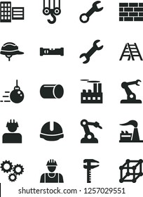 Solid Black Vector Icon Set - builder vector, brickwork, winch hook, big core, ladder, construction level, city block, helmet, factory, industrial building, pipe, robot welder, assembly, calipers