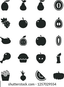 Solid Black Vector Icon Set - cake vector, chicken, leg, beet, French fries, pear, apple, pomegranate, grape, tasty, slice of water melon, loquat, half, plum, sweet date fruit, guawa, ripe guava