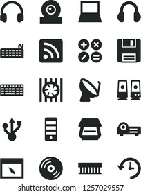 Solid Black Vector Icon Set - rss feed vector, CD, math actions, satellite dish, notebook pc, radiator fan, keyboard, tower, web camera, usb, scanner, headphones, speaker, browser, floppy, projector
