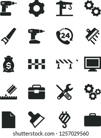 Solid Black Vector Icon Set - monitor window vector, clean sheet of paper, crane, hook, cogwheel, small tools, cordless drill, hand saw, portfolio, drawing, ceramic tiles, putty knife, spatula, 24