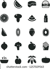 Solid Black Vector Icon Set - feeding bottle vector, cheese, burger, mushroom, hot porridge, garlic, fried potato slices, apple, orange slice, raspberry, medlar, mulberry, goji berry, delicious plum