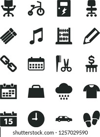 Solid Black Vector Icon Set - calendar vector, spectacles, accessories for a hairstyle, cloud, child bicycle, abacus, dangers, wall clock, music, T shirt, pencil, hand bag, chair, dollar column