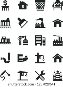 Solid Black Vector Icon Set - wicker pot vector, crane, tower, house, concrete mixer, small tools, siphon, buildings, putty knife, home, factory, hydroelectric station, hydroelectricity, gas welding