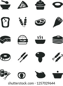 Solid Black Vector Icon Set - deep plate with a spoon vector, cheese, fried vegetables on sticks, piece of pizza, burger, mushroom, muffin, cake hole, hot porridge, milk, chicken, grill leg, bacon