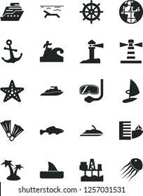 Solid Black Vector Icon Set - anchor vector, small fish, commercial seaport, lighthouse, coastal, planet, hotel, beach, palm tree, starfish, flippers, diving mask, surfing, handwheel, jet ski, yacht