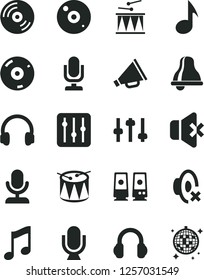 Solid Black Vector Icon Set - bell vector, desktop microphone, horn, silent mode, drumroll, drum, music, CD, regulator, no sound, headphones, pc speaker, note, settings, disco ball