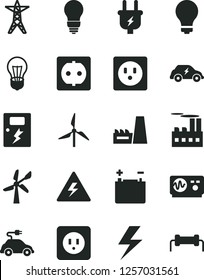 Solid Black Vector Icon Set - lightning vector, danger of electricity, matte light bulb, power socket type b, dangers, windmill, wind energy, accumulator, line, plug, industrial building, transport