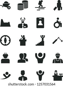 Solid Black Vector Icon Set - women vector, potty chair, builder, garden trolley, employee, coins, welding, goal woman, scientist, winner, stairway, hands up man, speaker, flying, backpacker