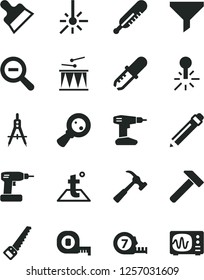 Solid Black Vector Icon Set - graphite pencil vector, zoom out, mercury thermometer, drumroll, cordless drill, arm saw, measuring tape, long meashuring, putty knife, temperature, hammer, with claw