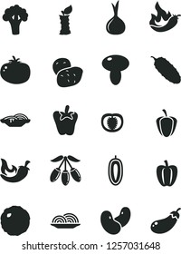 Solid Black Vector Icon Set - onion vector, slices of, mushroom, cabbage, cucumber, tomato, chili, peper, goji berry, sweet date fruit, apple stub, half, Bell pepper, ripe, hot, potato, beans