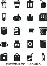 Solid Black Vector Icon Set - wicker pot vector, mug for feeding, measuring cup, e, packing of juice with a straw, dust bin, bag handles, package, unpacking, tin, popcorn, coffe to go, jam, jar, oil