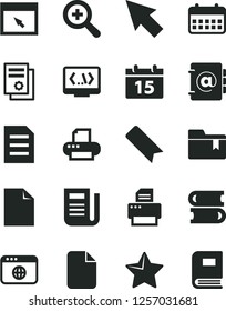 Solid Black Vector Icon Set - bookmark vector, clean sheet of paper, zoom, folder, books, calendar, star, address book, scientific publication, newspaper, printer, browser, coding, cursor, file