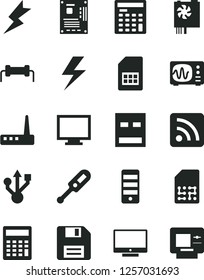 Solid Black Vector Icon Set - lightning vector, floppy disk, monitor, calculator, rss feed, electronic thermometer e, screen, SIM card, engineer, pc power supply, tower, motherboard, usb, router
