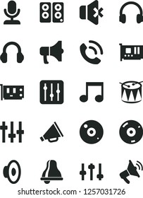 Solid Black Vector Icon Set - bell vector, horn, loudspeaker, drum, regulator, no sound, phone call, megaphone, pc card, cd, headphones, speaker, note, settings, microphone