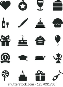 Solid Black Vector Icon Set - tassel vector, balloon, birthday cake, heart, gift, muffin, piece of, slice, lollipop, glass, star cup, graduate, medal, ribbon, wine, champagne