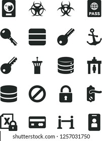 Solid Black Vector Icon Set - prohibition vector, key, door knob, lock, anchor, passport, big data, reverse side of a bank card, encrypting, biohazard, airport tower, rope barrier, security gate