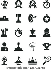 Solid Black Vector Icon Set - pedestal vector, racer, stopwatch, winner podium, prize, cup, gold, star, reward, man with medal, flag, motivation, purpose, ribbon, cloud ladder, tennis