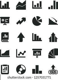 Solid Black Vector Icon Set - upward direction vector, growth up, bar chart, line, graph, negative histogram, positive, sample of colour, recession, statistical report, ring diagram, pie charts