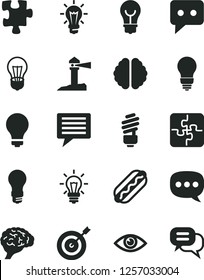 Solid Black Vector Icon Set - image of thought vector, matte light bulb, Puzzle, Puzzles, saving, eye, Hot Dog, coastal lighthouse, think, speech, brain, target, dialog