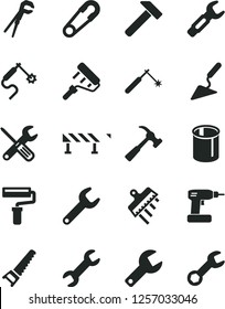 Solid Black Vector Icon Set - paint roller vector, repair key, safety pin, building trowel, small tools, adjustable wrench, cordless drill, hand saw, spatula, road fence, hammer, with claw, pipes