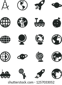 Solid Black Vector Icon Set - sign of the planet vector, globe, earth, scribed compasses, space rocket, core, saturn, lunar rover, man hold world, flag on moon