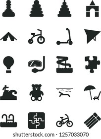 Solid Black Vector Icon Set - stacking rings vector, toy, small teddy bear, box of bricks, child bicycle, Kick scooter, Puzzle, Puzzles, pawn, air balloon, hang glider, bike, tent, beach, pool