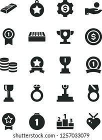 Solid Black Vector Icon Set - brick vector, pedestal, coins, catch a coin, winner podium, prize, award, gold cup, star medal, first place, with pennant, ribbon, diamond ring, bar, dollar, gear